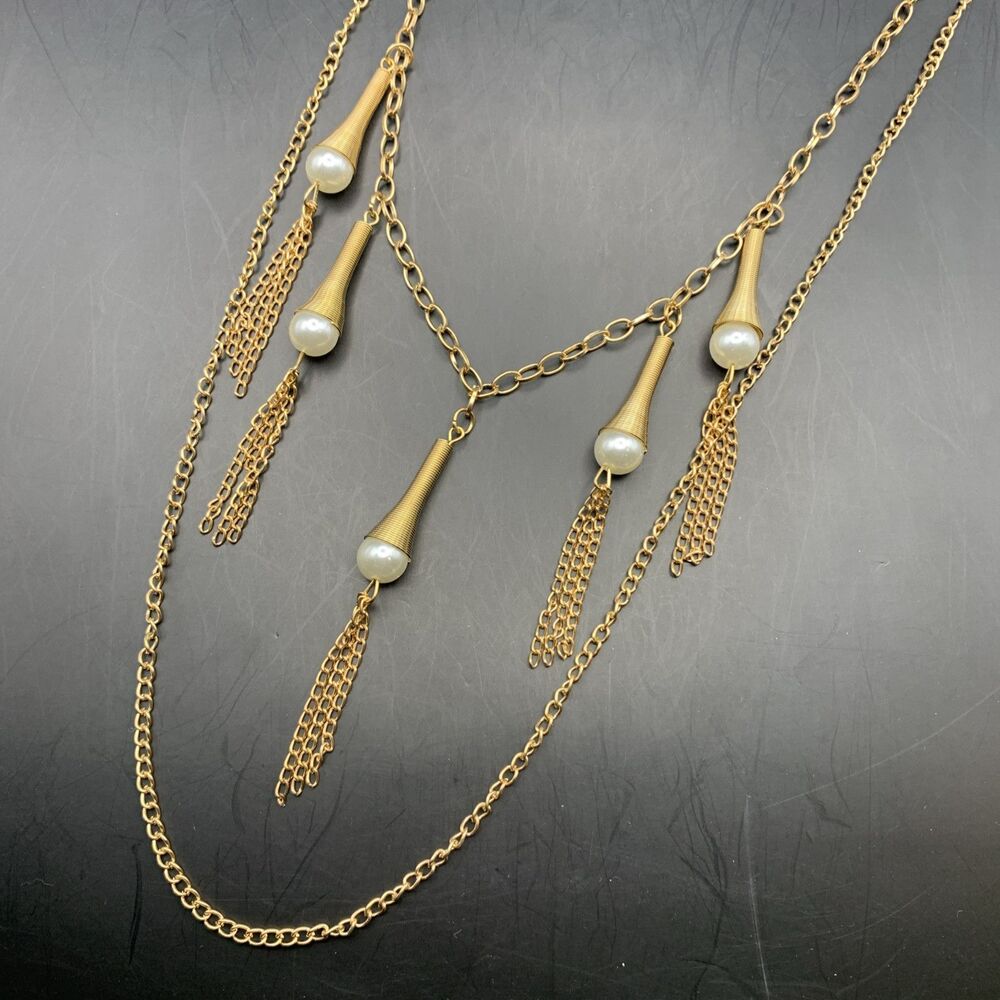 Long Layered Tassel Statement Necklace Faux Pearl Gold Tone Coil Design Boho